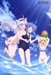  3girls :d ;d absurdres ahoge antenna_hair arms_up ball bare_shoulders barefoot beachball bikini blonde_hair blue_eyes blue_hair blue_hairband blue_sky blue_swimsuit blush bracelet breasts cleavage clouds cloudy_sky collarbone covered_navel day eyebrows_visible_through_hair fingernails floral_print foot_up front-tie_bikini front-tie_top green_eyes groin hair_ribbon hairband hand_on_another&#039;s_chest hand_on_another&#039;s_stomach hand_up highres holding_beachball jewelry kitahara_koudai large_breasts lavender_hair light_blue_eyes long_hair looking_at_another magazine_scan medium_breasts megami multiple_girls name_tag navel new_school_swimsuit official_art one_eye_closed open_mouth outdoors pearl_bracelet pigeon-toed ponytail print_bikini print_sarong red_ribbon ribbon rokudenashi_majutsu_koushi_to_akashic_record rumia_tingel ryiel_rayford sarong scan school_swimsuit shiny shiny_hair side-tie_bikini sistine_fiber skindentation sky small_breasts smile splashing striped striped_bikini sunlight swimsuit toenails toes tongue wading water watermelon_beachball white_bikini white_sarong 