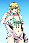  1girl absurdres ahoge aqua_bikini aqua_eyes aqua_ribbon artoria_pendragon_(all) bikini blonde_hair blue_background breasts chia_aich cleavage collarbone cowboy_shot eyebrows_visible_through_hair fate/stay_night fate_(series) gradient gradient_background hair_between_eyes hair_ribbon halterneck head_tilt highres jacket long_sleeves looking_at_viewer open_clothes open_jacket open_mouth ribbon saber short_hair sketch small_breasts solo standing sweatdrop swimsuit white_jacket 