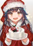  1girl :d black_hair blush cake christmas commentary_request dress english_text eyebrows_visible_through_hair food food_on_face fruit fur_trim grey_background hair_flaps hat holding long_hair long_sleeves looking_at_viewer merry_christmas open_mouth orange_eyes original plate ran&#039;ou_(tamago_no_kimi) red_dress red_hat santa_costume santa_hat smile solo strawberry upper_body 