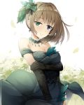  1girl asymmetrical_hair blue_eyes blush breasts brown_hair dress elbow_gloves feathers gloves green_dress green_eyes hair_feathers hair_ribbon heterochromia highres idolmaster idolmaster_cinderella_girls jewelry necklace ribbon seneto smile solo takagaki_kaede 