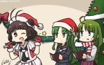 3girls antenna_hair beamed_eighth_notes black_serafuku blazer blue_eyes brown_eyes brown_hair christmas_tree commentary_request cowboy_shot crescent crescent_hair_ornament crescent_moon_pin dated double_bun fur-trimmed_gloves fur_trim gloves green_eyes green_hair hair_ornament half_note hamu_koutarou hat highres jacket kantai_collection long_hair looking_at_viewer microphone mole mole_under_mouth multiple_girls musical_note nagatsuki_(kantai_collection) naka_(kantai_collection) necktie one_eye_closed quarter_note red_gloves remodel_(kantai_collection) santa_hat scarf school_uniform serafuku striped striped_scarf white_neckwear yuugumo_(kantai_collection) 