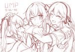  3girls closed_eyes fang fingerless_gloves girl_sandwich girls_frontline gloves hair_ribbon highres hug hug_from_behind multiple_girls one_eye_closed ribbon sandwiched scar scar_across_eye siblings sisters sketch twintails ump40_(girls_frontline) ump45_(girls_frontline) ump9_(girls_frontline) yuutama2804 