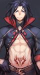  1boy abs bare_chest belt black_coat black_gloves black_hair blue_eyes closed_mouth folks_(nabokof) gloves gradient_hair looking_at_viewer male_focus multicolored_hair popped_collar redhead smile solo stomach_tattoo tales_of_(series) tales_of_crestoria tattoo upper_body vicious_(tales) 