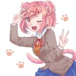  1girl ;d animal_ears blue_skirt cat_ears cat_tail collaboration commentary doki_doki_literature_club double_v english_commentary eyebrows_visible_through_hair grey_jacket jacket janineuy09 kemonomimi_mode looking_at_viewer natsuki_(doki_doki_literature_club) one_eye_closed open_mouth pink_eyes pink_hair pleated_skirt plusxplay2 school_uniform simple_background skirt smile solo tail v white_background 