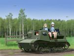  3girls aircraft aki_(girls_und_panzer) armored_vehicle brown_hair caterpillar_tracks closed_eyes day emblem fence fokker forest girls_und_panzer grass ground ground_vehicle gun helicopter instrument kantele keizoku_(emblem) keizoku_military_uniform machine_gun mika_(girls_und_panzer) mikko_(girls_und_panzer) military military_vehicle motor_vehicle multiple_girls nature short_hair skirt smile t-20_komsomolets tree twintails weapon 