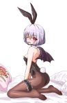  1girl animal_ears bare_shoulders bat_wings bed_sheet black_legwear black_leotard black_wings blush breasts bunny_girl bunny_tail bunnysuit commentary eyebrows_visible_through_hair fang fishnet_pantyhose fishnets frills from_side full_body hair_between_eyes highres lavender_hair leotard looking_at_viewer no_shoes nose_blush one_eye_closed pantyhose pointy_ears rabbit_ears red_eyes remilia_scarlet short_hair simple_background sitting small_breasts solo sweatdrop tail thigh_strap touhou welchsbinn white_background wings yes yes-no_pillow yokozuwari 