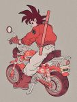 1boy 2018 belt black_eyes black_hair boots capsule_corp clothes_writing copyright_name dragon_ball dragon_ball_(object) dragonball_z full_body gloves grey_background ground_vehicle happy highres jacket license_plate looking_back majin_buu male_focus mirror motor_vehicle motorcycle nyoibo on_motorcycle profile riding short_hair simple_background smile son_gokuu spiky_hair star sticker uzuta vehicle 