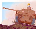  1girl anglerfish brown_eyes brown_hair caterpillar_tracks dirt emblem girls_und_panzer ground ground_vehicle highres military military_vehicle motor_vehicle nishizumi_miho ooarai_(emblem) ooarai_military_uniform panzerkampfwagen_iv poligon_(046) shirt short_hair tank 