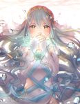  1girl aqua_(fire_emblem_if) blue_hair bubble covering_mouth dress elbow_gloves fingerless_gloves fire_emblem fire_emblem_if gloves haru_(nakajou-28) jewelry long_hair necklace nintendo pendant solo veil white_dress white_gloves yellow_eyes 