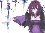  1girl bangs breasts cleavage covered_navel dress expressionless eyebrows_visible_through_hair fate/grand_order fate_(series) frown_(wonderland85711) fur_trim hair_between_eyes jewelry large_breasts long_hair long_sleeves looking_at_viewer necklace outstretched_arm purple_dress purple_hair red_eyes scathach_(fate)_(all) scathach_skadi_(fate/grand_order) solo spire tiara upside-down white_background wide_sleeves 