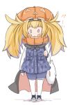  1girl alternate_costume blue_eyes blue_footwear blue_jacket blush_stickers camouflage_jacket cape commentary enemy_lifebuoy_(kantai_collection) enjaku_izuku eyebrows_visible_through_hair gambier_bay_(kantai_collection) hairband halloween halloween_costume highres jack-o&#039;-lantern jacket kantai_collection long_hair long_sleeves open_mouth shoes short_shorts shorts solo standing twintails white_legwear 