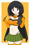  1girl bandeau bangs black_cape black_eyes black_hair black_panties blunt_bangs blunt_ends blush bob_cut border bow bowtie breasts cape clipboard collar commentary cowboy_shot elbow_gloves eyebrows_visible_through_hair girls_und_panzer gloves gotou_moyoko green_skirt halloween halloween_costume highleg highleg_panties highres holding holding_clipboard holding_pencil ichinose_jun light_frown looking_at_viewer mechanical_pencil medium_breasts medium_hair microskirt navel orange_background orange_gloves orange_legwear orange_shirt outside_border panties parted_lips pencil pleated_skirt shirt skirt solo standing thigh-highs underwear white_border white_collar wing_collar 