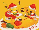  :p capelet commentary_request creatures_(company) eating fake_facial_hair fake_mustache food food_on_face food_request fur_trim game_freak gen_1_pokemon hat hideko_(l33l3b) highres holding ketchup ketchup_bottle looking_at_viewer nintendo pikachu pokemon red_capelet red_hat santa_costume santa_hat simple_background smile star tongue tongue_out yellow_background 