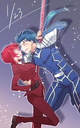  1boy 1girl bazett_fraga_mcremitz black_gloves black_neckwear blue_background blue_bodysuit blue_hair bodysuit closed_eyes dated earrings fate/hollow_ataraxia fate_(series) formal gae_bolg gloves jewelry lancer long_hair looking_at_another necktie oekaki-daisuki-dessu pant_suit pants ponytail red_pants redhead short_hair shoulder_armor smile suit 