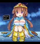  1girl bangs blunt_bangs blush boots breasts brown_hair cape circlet cleavage commentary_request cosplay dragon_quest dragon_quest_iii dress elbow_gloves eyebrows_visible_through_hair full_body gloves knees_together_feet_apart knees_up large_breasts letterboxed looking_at_viewer nishida_satono pote_(ptkan) sage_(dq3) sage_(dq3)_(cosplay) short_hair_with_long_locks sidelocks sitting solo sweat tears touhou translated violet_eyes white_dress yellow_footwear yellow_gloves 