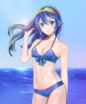  1girl beach belly_button bikini blue_bikini blue_eyes blue_hair cute fire_emblem fire_emblem:_kakusei hraaat intelligent_systems long_hair looking_at_viewer lucina navel nintendo ocean smile solo summer swimsuit tian_sihui tiara 