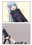  2girls anger_vein angry artist_request blue_hair dragging drooling eyebrows_visible_through_hair eyes_visible_through_hair g11_(girls_frontline) girls_frontline green_eyes grey_hair hk416_(girls_frontline) multiple_girls shoes shorts skirt sleeping thigh-highs zzz 