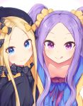  2girls :q abigail_williams_(fate/grand_order) bangs black_bow black_dress black_hat blonde_hair blue_eyes blush bow breasts chinese_clothes closed_mouth collarbone commentary_request dress fate/grand_order fate_(series) hair_bow hat long_hair long_sleeves looking_at_viewer meuneyu multiple_girls orange_bow parted_bangs polka_dot polka_dot_bow purple_hair simple_background sleeves_past_fingers sleeves_past_wrists small_breasts smile tongue tongue_out twintails very_long_hair violet_eyes white_background wu_zetian_(fate/grand_order) 