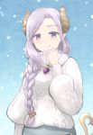  1girl blush braid brooch closed_mouth demon_girl demon_horns demon_tail haniwa_(leaf_garden) highres honey_strap horns jewelry long_hair looking_at_viewer mole mole_under_mouth outdoors pointy_ears purple_hair saionji_mary smile snow solo standing sweater tail turtleneck violet_eyes virtual_youtuber 