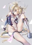 1girl bangs bare_shoulders blonde_hair blue_eyes blush boots bradamante_(fate/grand_order) braid breasts cleavage closed_mouth covered_navel elbow_gloves fate/grand_order fate_(series) french_braid gloves grey_background hair_between_eyes highleg highleg_leotard highres knee_boots knee_up leaning_back legs leotard long_hair looking_at_viewer muramasa_(sg_epk) one_eye_closed shiny shiny_hair sitting small_breasts smile solo sparkle thigh_strap thighs twintails very_long_hair white_footwear 