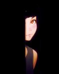  1girl around_corner black_background black_hair closed_mouth highres ilya_kuvshinov jpeg_artifacts lips looking_at_viewer original red_eyes short_hair sleeveless smile solo upper_body 