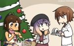  3girls beret black_hat brown_eyes brown_hair christmas_lights christmas_tree commentary_request dated dress feet_out_of_frame food gradient_hair grey_jacket hair_ornament hairclip hamu_koutarou hat highres i-401_(kantai_collection) jacket kantai_collection kappougi medium_hair multicolored_hair multiple_girls necktie one-piece_swimsuit onigiri orange_hair orange_sailor_collar plaid plaid_dress ponytail purple_hair red_neckwear sailor_collar scarf school_swimsuit short_hair short_ponytail sidelocks sitting striped striped_scarf swimsuit swimsuit_under_clothes tsushima_(kantai_collection) violet_eyes wakaba_(kantai_collection) 