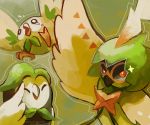  ^_^ bird closed_eyes commentary creature creatures_(company) crying dartrix decidueye english_commentary evolution flying game_freak gen_7_pokemon green looking_at_viewer nintendo no_humans orange_eyes owl pokemon pokemon_(creature) rinnai-rai rowlet sparkle tears tumblr_username 