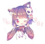  1girl ;d animal_ear_fluff animal_ears azur_lane bangs black_kimono blush breasts brown_hair cat_ears commentary_request eyebrows_visible_through_hair fang fox_mask full_body hair_ribbon hoshiori_(h_4ori) japanese_clothes kimono knees_up large_breasts long_sleeves looking_at_viewer mask mask_on_head notice_lines one_eye_closed open_mouth print_kimono red_eyes ribbon short_hair short_kimono sideboob simple_background smile solo tareme thigh-highs white_background white_legwear wide_sleeves yamashiro_(azur_lane) 