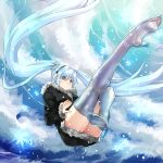  1girl ass bangs black_dress blue_eyes blue_footwear blue_hair blue_legwear blue_sky blush boots closed_mouth clouds cloudy_sky commentary_request day dress earmuffs eiji_(eiji) eyebrows_visible_through_hair feet fingernails full_body fur-trimmed_sleeves fur_trim hair_between_eyes hatsune_miku high_heel_boots high_heels legs_up long_hair long_sleeves looking_at_viewer outdoors see-through sky sleeves_past_wrists snowflakes snowing soles solo thigh-highs thigh_boots toes twintails very_long_hair vocaloid 