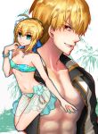 1boy 1girl absurdres ahoge aqua_bikini artoria_pendragon_(all) bikini blonde_hair blue_ribbon bracelet braided_bun breasts chia_aich collarbone earrings eyebrows_visible_through_hair fate/stay_night fate_(series) flower gilgamesh green_eyes grin hair_between_eyes hair_flower hair_ornament hair_ribbon highres jacket jewelry necklace open_clothes open_jacket red_eyes ribbon saber sarong see-through short_hair small_breasts smile strapless strapless_bikini swimsuit white_flower 