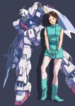  1girl absurdres beam_rifle bob_cut brown_eyes brown_hair emma_sheen energy_gun flying gloves gun gundam gundam_mk_ii highres holding holding_gun holding_shield holding_weapon looking_at_viewer mecha pantyhose shield smile space teikoku_jokyoku uniform weapon zeta_gundam 