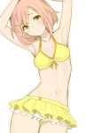  1girl armpits arms_up bangs bikini bikini_skirt breasts dytm eyebrows_visible_through_hair frilled_bikini frills highres koharu_yoshino looking_at_viewer medium_breasts navel pink_hair red_eyes sakura_quest short_hair solo stomach swimsuit yellow_bikini 