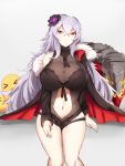  1girl azur_lane bare_legs breasts cleavage coat dress expressionless flower fur_trim graf_zeppelin_(azur_lane) grey_background hair_between_eyes hair_flower hair_ornament highres large_breasts long_hair long_sleeves looking_at_viewer midriff navel navel_cutout off_shoulder red_eyes see-through silver_hair simple_background sitting solo uchisukui 