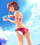  1girl :d amami_haruka ass bikini blue_sky blush bow brown_hair clouds eyebrows_visible_through_hair from_behind from_below green_eyes hair_bow highres holding idolmaster idolmaster_(classic) open_mouth parasol red_bikini red_bow red_ribbon ribbon shaved_ice short_hair sky smile solo standing strapless strapless_bikini sunlight swimsuit umbrella z.nov 