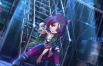  1girl belt boots brown_eyes building cable chains choker drum_(container) eyebrows_visible_through_hair eyepatch frills green_jacket hair_between_eyes hayasaka_mirei horns idolmaster idolmaster_cinderella_girls jacket looking_at_viewer moonlight multicolored_hair night official_art over-kneehighs plaid plaid_skirt purple_hair redhead shirt skirt skull sparkle stairs t-shirt thigh-highs tongue tongue_out torn_clothes torn_legwear two-tone_hair 