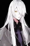  1boy black_background capelet cross fate/grand_order fate_(series) galahad_(fate) galahad_alter hair_over_one_eye highres long_hair looking_at_viewer male_focus simple_background upper_body white_hair yellow_eyes 