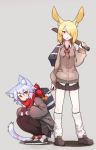  2girls :o animal_ears bag bag_charm black_skirt blonde_hair blue_hair brown_footwear brown_legwear cardigan cat_ears cat_tail cellphone charm_(object) collared_shirt eyebrows_visible_through_hair fang grey_background grey_skirt hair_over_one_eye highres holding holding_cellphone holding_knife holding_phone holding_weapon knife leg_warmers loafers long_sleeves miniskirt multiple_girls neck_ribbon one_eye_covered open_mouth orange_eyes original over_shoulder pantyhose parted_lips phone pleated_skirt rabbit_ears red_eyes red_neckwear red_ribbon red_scarf ribbon ryota_tentei scarf school_bag school_uniform sharp_teeth shirt shoes short_hair shoulder_bag simple_background skirt sleeves_past_wrists smartphone squatting tail teeth tora_tentei weapon weapon_over_shoulder white_legwear white_shirt wing_collar 