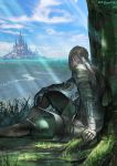  1boy armor armored_boots artist_name bangs bedivere blonde_hair blue_sky boots braid castle clouds commentary_request emuson facing_away fate/grand_order fate_(series) faulds gauntlets grass hair_tubes hand_on_own_leg highres horizon long_hair outdoors pants ponytail river roots scenery shoulder_armor sitting sky tree tree_shade 