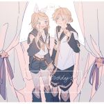 anniversary bare_shoulders bass_clef blonde_hair blue_eyes bow brother_and_sister collarbone curtains detached_sleeves eye_contact grin hair_bow hair_ornament hairclip hand_holding happy_birthday hayuri_(htkymhyr) headphones headset highres index_finger_raised kagamine_len kagamine_rin leg_warmers looking_at_another midriff navel necktie sailor_collar shirt short_hair shorts siblings sleeveless sleeveless_shirt smile treble_clef twins vocaloid yellow_neckwear 