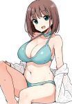 1girl :d aqua_bikini bangs bare_arms bare_legs bare_shoulders bikini blue_eyes blush breasts brown_hair choker cleavage collarbone eyebrows_visible_through_hair fang groin halterneck head_tilt invisible_chair jacket knee_up large_breasts long_sleeves looking_at_viewer navel off_shoulder open_clothes open_jacket open_mouth saki shisoneri short_hair sidelocks simple_background sitting smile solo stomach sweat swimsuit thighs unozawa_shiori wet wet_clothes white_background white_jacket 