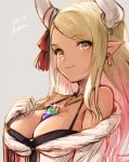  1girl bangs bare_shoulders blonde_hair blush breasts brown_eyes cleavage closed_mouth earrings eyebrows_visible_through_hair gem glint gloves granblue_fantasy grey_background halterneck hand_up horn_ribbon horns jewelry koretsuki_azuma kuvira_(granblue_fantasy) large_breasts long_hair looking_at_viewer off_shoulder pointy_ears red_ribbon ribbon shirt sidelocks simple_background sketch smile solo swept_bangs upper_body white_gloves white_shirt 
