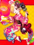  1girl abstract_background blonde_hair floral_print geta hair_ornament highres hijiri_rei idolmaster idolmaster_cinderella_girls japanese_clothes kimono looking_at_viewer one_eye_covered red_eyes shirasaka_koume skull tabi 