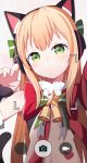  1girl absurdres animal_ears bangs bare_shoulders bell black_sleeves blonde_hair blush bow cat_ear_headphones cat_ears closed_mouth commentary english_commentary eyebrows_visible_through_hair fingernails fur_collar girls_frontline green_bow green_eyes head_tilt headphones heart highres long_hair looking_at_viewer outstretched_arm reaching_out red_bow self_shot sleeves_past_wrists solo starfox1015 striped striped_bow tmp_(girls_frontline) very_long_hair viewfinder 