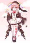  +_+ 1girl :o animal_ears apron argyle argyle_legwear bangs beret black_bow black_dress black_footwear black_hat black_ribbon blush bow commentary_request cuna_(qunya) dress eyebrows_visible_through_hair fake_animal_ears floppy_ears food food_fantasy frilled_apron frilled_dress frilled_sleeves frills full_body glint hand_up hat hat_ornament hat_ribbon highres juliet_sleeves lace_trim long_sleeves maid maid_apron mary_janes mismatched_legwear nail_polish parted_lips pink_eyes pink_hair pink_nails puffy_sleeves rabbit_ears rainbow ribbon shoes short_hair sleeves_past_wrists solo standing tailcoat thigh-highs white_apron white_legwear wide_sleeves 