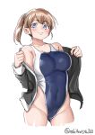  1girl ass_visible_through_thighs blue_eyes blue_swimsuit blush breasts brown_hair collarbone competition_swimsuit covered_navel ebifurya grey_jacket highleg highleg_swimsuit highres intrepid_(kantai_collection) jacket kantai_collection large_breasts looking_at_viewer one-piece_swimsuit ponytail removing_jacket scrunchie smile smug solo standing swimsuit twitter_username upper_body white_background 