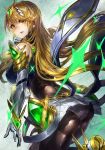  1girl alternate_costume armor bangs blonde_hair blush dress earrings gloves headpiece highres mythra_(xenoblade) jewelry long_hair looking_at_viewer nintendo pantyhose signo_aaa smile solo super_smash_bros. super_smash_bros._ultimate swept_bangs thigh_strap tiara xenoblade_(series) xenoblade_2 yellow_eyes 