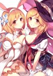  2girls :d animal_ears arm_support bangs between_legs black_hairband black_hat blonde_hair blush breast_press breasts brown_eyes cape cleavage closed_mouth collarbone djeeta_(granblue_fantasy) dual_persona eyebrows_visible_through_hair fake_animal_ears finger_to_mouth frilled_sleeves frills gloves granblue_fantasy grey_legwear grin hairband hand_up hat head_tilt heart highres homaderi leotard looking_at_viewer medium_breasts miniskirt multiple_girls open_mouth pleated_skirt puffy_short_sleeves puffy_sleeves rabbit_ears red_neckwear sage_(granblue_fantasy) short_hair short_sleeves single_thighhigh skindentation skirt smile symmetrical_docking teeth thigh-highs thighs warlock_(granblue_fantasy) white_cape white_gloves white_hairband white_leotard white_skirt witch_hat 