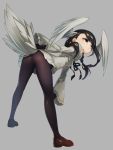  1girl bent_over bird_tail black-headed_ibis_(kemono_friends) black_gloves black_hair black_legwear braid commentary_request elbow_gloves eyebrows_visible_through_hair full_body fur_collar gloves green_eyes grey_background head_wings highres kemono_friends long_hair long_sleeves looking_away okojo_ojoko pantyhose pleated_skirt pleated_sleeves shirt shoes simple_background skirt solo white_shirt white_skirt wide_sleeves 