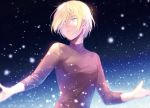  1boy black_shirt blonde_hair green_eyes looking_to_the_side male_focus outstretched_arms shirt snowing spread_arms turtleneck upper_body yuri!!!_on_ice yuri_plisetsky yuyu_(yuyudesu0806) 