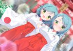  2girls :d aqua_hair bang_dream! blurry blurry_background blush clenched_hand commentary_request dutch_angle flag_print frown green_eyes hair_ribbon hakama highres hikawa_hina hikawa_sayo japanese_clothes japanese_flag koh_(user_kpcu7748) long_hair long_sleeves looking_at_viewer miko multiple_girls open_mouth outdoors red_hakama red_ribbon ribbon short_hair shrine siblings side_braids sisters smile twins wide_sleeves 